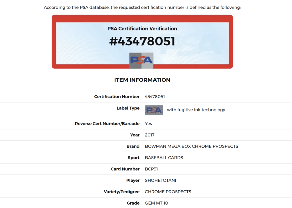 PSA Certification Verification for Shohei Otani Bowman Mega Box Chrome Prospects card