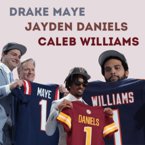 Drake Maye, Jayden Daniels, and Caleb Williams posing with personalized jerseys at a Draft event.