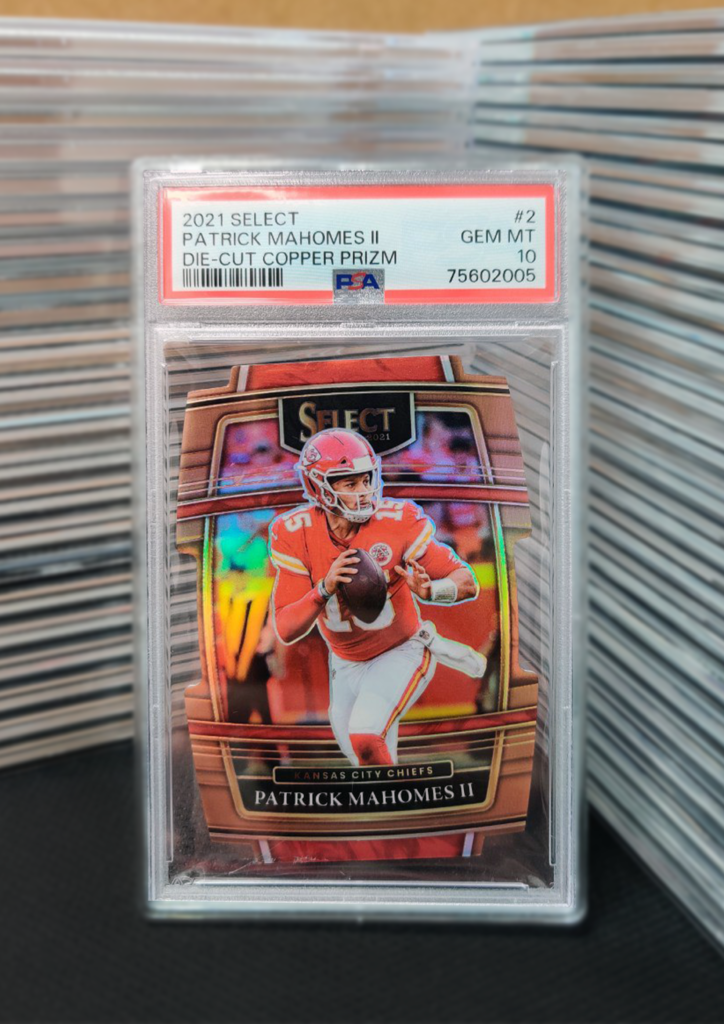 2021 Select Patrick Mahomes II Die-Cut Copper Prizm trading card in a PSA-graded case.