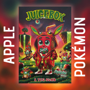 Apple Pokémon JuiceBox with red character holding TCG slab