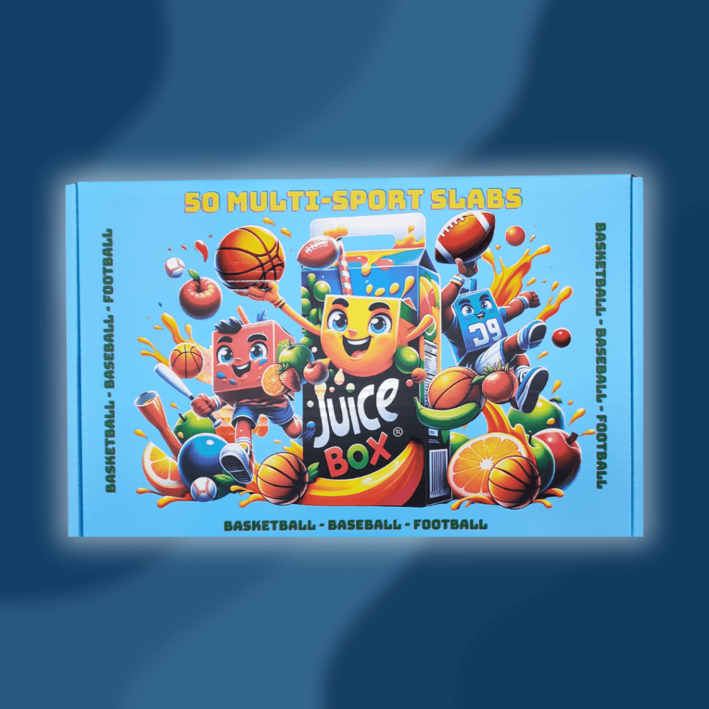 JuiceBox box featuring cartoon mascots for basketball, baseball, and football.