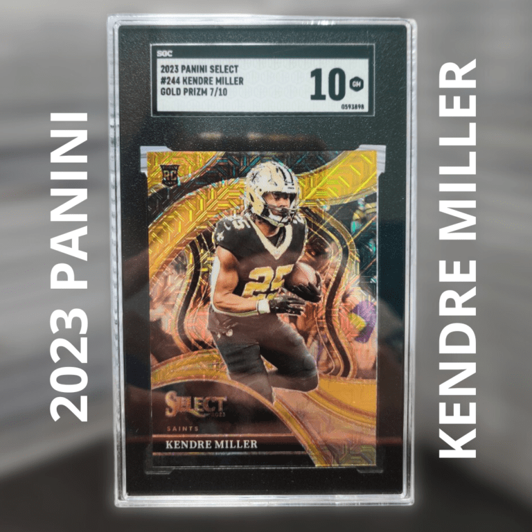 An SGC-graded 2023 Panini Select #244 Kendre Miller Gold Prizm rookie card in a clear slab, showing Miller in his New Orleans Saints uniform against a vibrant gold-and-holo swirl background, set on a softly blurred neutral backdrop.