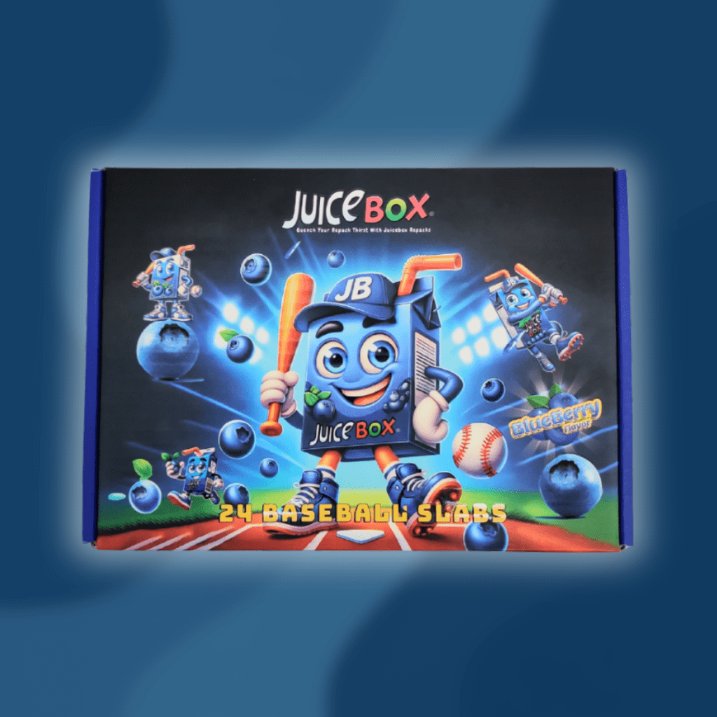 JuiceBox Blueberry baseball-themed box with cartoon character swinging bat