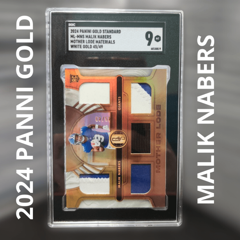 An SGC-graded 2024 Panini Gold Standard Mother Lode Materials “White Gold” parallel featuring New York Giants rookie Malik Nabers, encapsulated in a clear slab against a softly blurred neutral background.