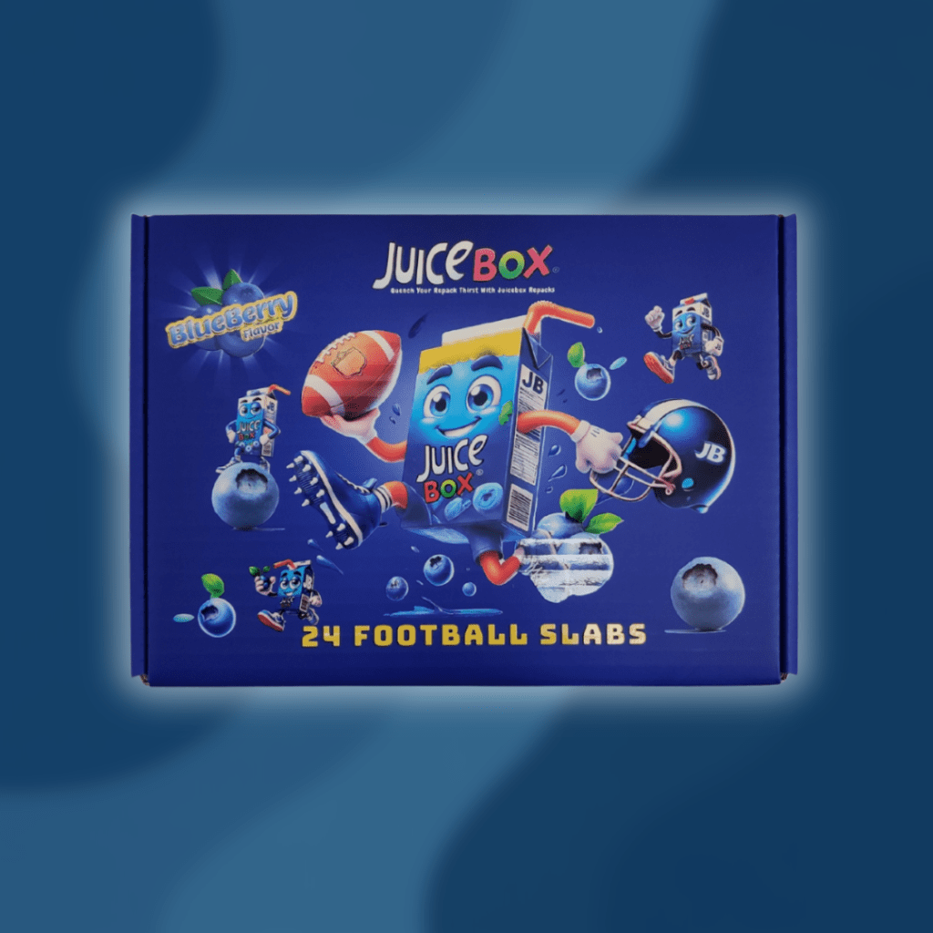 JuiceBox Blueberry football box featuring helmeted cartoon mascot