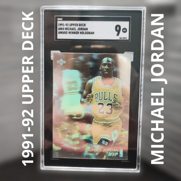 An SGC-graded 1991-92 Upper Deck AW4 Michael Jordan Award Winner Hologram card in a protective slab, shown against a softly blurred neutral background.