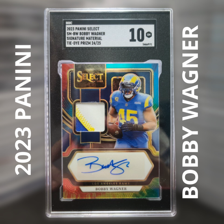 An SGC-graded 2023 Panini Select SM-BW Bobby Wagner “Signature Material Tie-Dye Prizm” football card in a clear slab, displayed against a softly blurred neutral background.